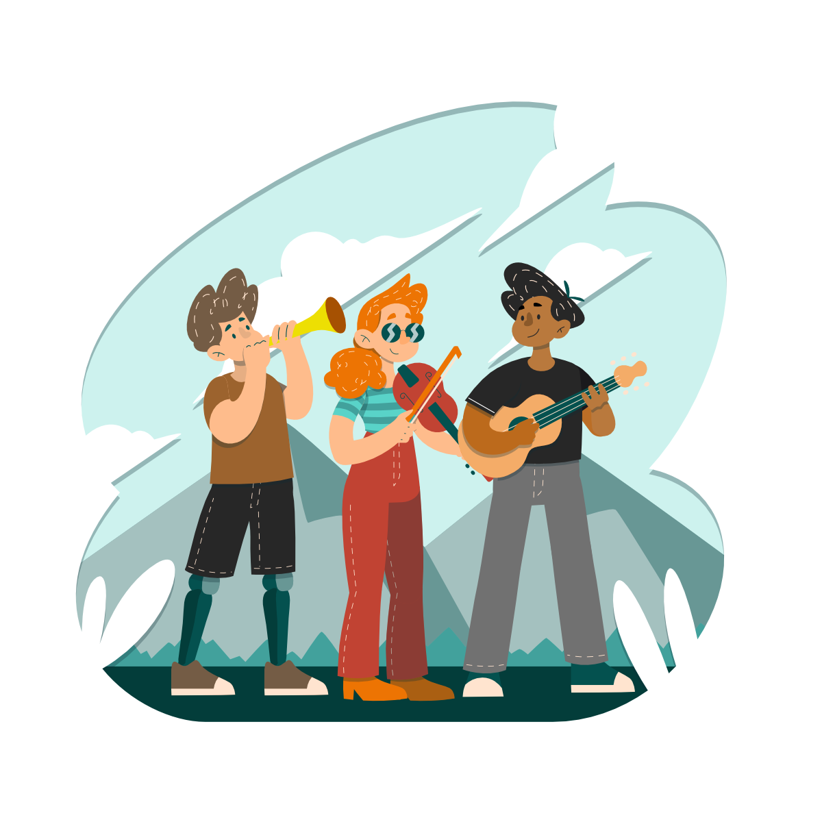 A trio of people playing instruments: a man with a prosthetic leg playing a flute, a woman playing a violin, and a man playing a guitar.