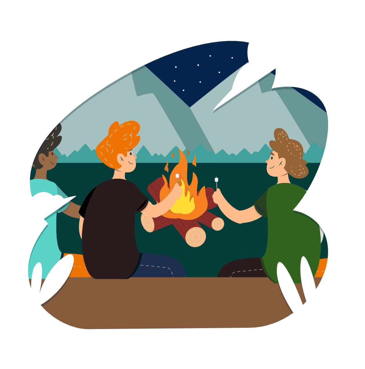 Three friends are sitting around a campfire at night, roasting marshmallows. The fire is in the center, and they are all holding sticks with marshmallows on the end. The background shows mountains and a starry sky.