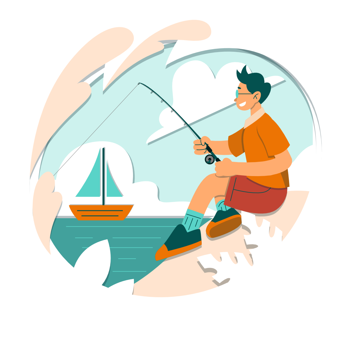 A person fishing on a bank next to a lake with a sailboat in the background.